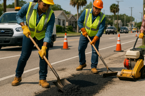 Woman and two men doing road work